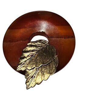 Vintage Brown Circular Pendant Gold Tone Leaf Design Artistic Accent Jewelry